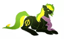 Size: 887x543 | Tagged: safe, artist:mootsarts, derpibooru import, oc, oc:vermont black, unofficial characters only, earth pony, pony, clothes, looking at you, lying down, male, phi, scarf, simple background, stallion