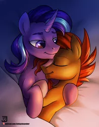 Size: 2000x2548 | Tagged: safe, artist:jedayskayvoker, derpibooru import, starlight glimmer, sunburst, pony, unicorn, beard, bed, bedroom eyes, blanket, cuddling, cute, facial hair, female, gay, gleamburst, half r63 shipping, hug, male, markings, patreon, patreon logo, rule 63, rule63betes, shipping, sleeping, stallion, starburst, stellar gleam, straight, sunbetes