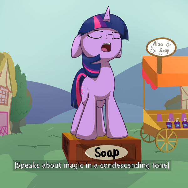 Size: 4096x4096 | Tagged: safe, artist:wenni, derpibooru import, twilight sparkle, pony, unicorn, series:pony re-watch, feeling pinkie keen, closed captioning, condescending, eyes closed, female, floppy ears, image, literal soapbox, mare, open mouth, png, scene interpretation, soap, soapbox, solo, speech, talking, unicorn twilight