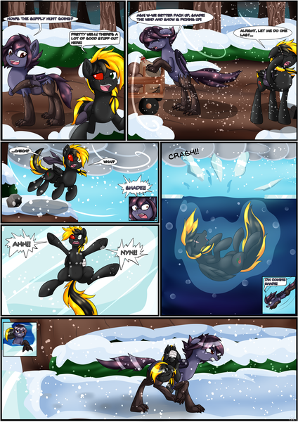 Size: 2893x4092 | Tagged: safe, artist:novaspark, derpibooru import, oc, oc:nyn indigo, oc:shade demonshy, unofficial characters only, bat pony, original species, timber pony, timber wolf, asphyxiation, bandage, bat wings, comic, crash, drowning, falling, ice, snow, species swap, water, wings