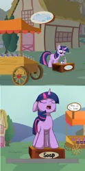 Size: 626x1266 | Tagged: safe, artist:wenni, derpibooru import, edit, screencap, pinkie pie, twilight sparkle, pony, unicorn, feeling pinkie keen, closed captioning, condescending, female, floppy ears, literal soapbox, mare, open mouth, scene interpretation, soap, soapbox, unicorn twilight