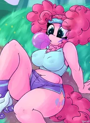 Size: 1644x2244 | Tagged: suggestive, artist:skoon, derpibooru import, pinkie pie, anthro, earth pony, belly button, breasts, bubblegum, busty pinkie pie, chubby, erect nipples, female, food, gum, midriff, nipple outline, outdoors, pinkie puffs, pinkie thighs, plump, sitting, skates, solo, thick, thighs, thunder thighs, workout outfit