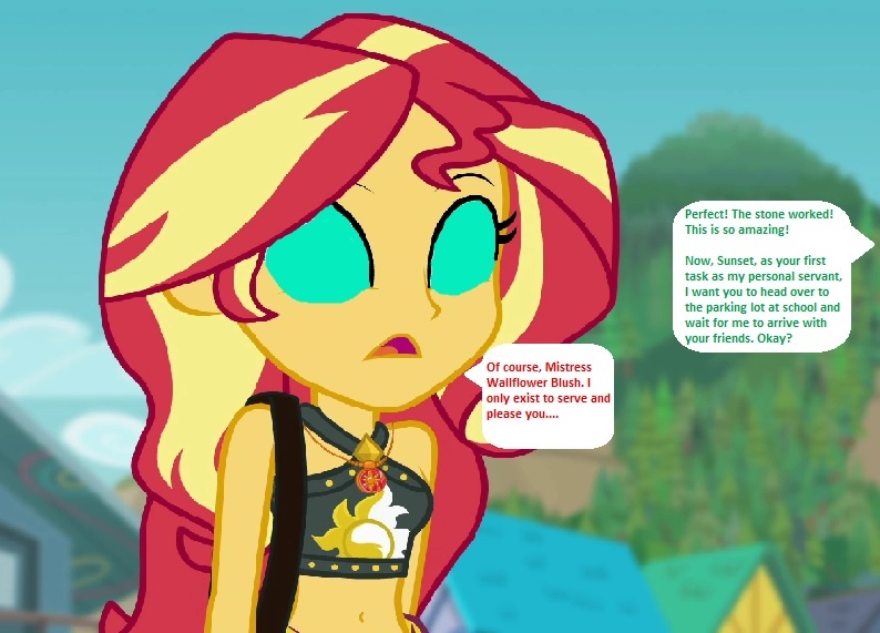 Size: 794x571 | Tagged: safe, derpibooru import, edit, edited screencap, editor:thomasfan45, screencap, sunset shimmer, equestria girls, equestria girls series, forgotten friendship, 1000 hours in ms paint, beach, bikini, blank expression, clothes, cute, description is relevant, female, geode of empathy, implied memory stone, implied wallflower blush, magical geodes, messenger bag, midriff, mind control, mistress, offscreen character, open mouth, request, servant, solo, speech bubble, story included, swimsuit