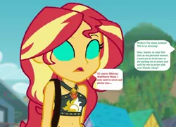 Size: 794x571 | Tagged: safe, derpibooru import, edit, edited screencap, editor:thomasfan45, screencap, sunset shimmer, equestria girls, equestria girls series, forgotten friendship, 1000 hours in ms paint, beach, bikini, blank expression, clothes, cute, description is relevant, female, geode of empathy, implied memory stone, implied wallflower blush, magical geodes, messenger bag, midriff, mind control, mistress, offscreen character, open mouth, request, servant, solo, speech bubble, story included, swimsuit