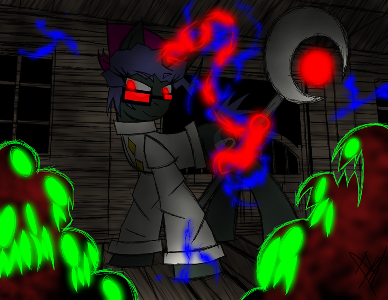 Size: 1150x888 | Tagged: safe, artist:didun850, derpibooru import, oc, oc:crescent moon, unofficial characters only, ghoul, pony, undead, unicorn, cabin, clothes, electricity, glasses, glowing eyes, glowing horn, horn, lab coat, magic, male, staff, stallion, telekinesis, unicorn oc