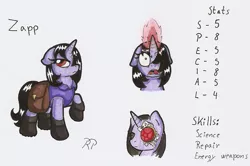 Size: 817x542 | Tagged: safe, artist:ravenpuff, deleted from derpibooru, derpibooru import, oc, oc:zapp, unofficial characters only, pony, unicorn, fallout equestria, bag, bust, clothes, female, glowing horn, hair over one eye, horn, mare, open mouth, prosthetic eye, prosthetics, raised hoof, reference sheet, saddle bag, traditional art, unicorn oc