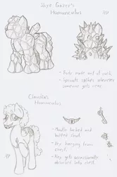 Size: 758x1140 | Tagged: safe, artist:ravenpuff, deleted from derpibooru, derpibooru import, oc, oc:claudia, unofficial characters only, earth pony, original species, pony, earth pony oc, female, grayscale, homunculus, key, mare, monochrome, raised hoof, reference sheet, stitches, traditional art