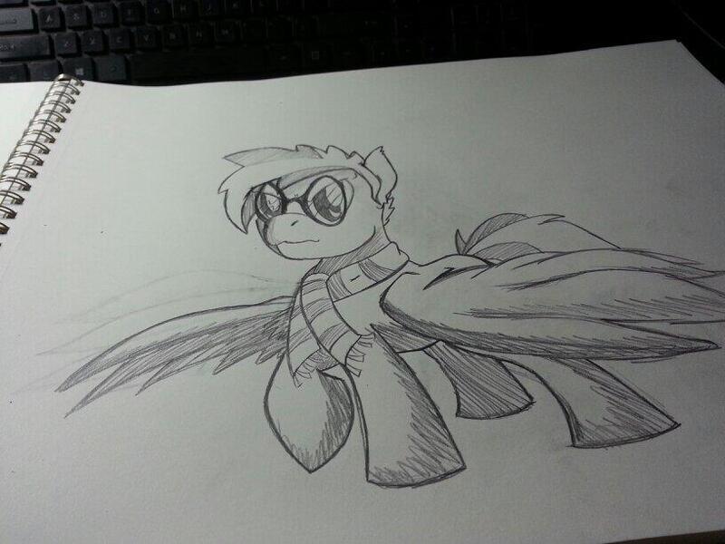 Size: 816x612 | Tagged: safe, artist:lucas_gaxiola, derpibooru import, oc, unofficial characters only, pegasus, pony, clothes, glasses, grayscale, irl, monochrome, pegasus oc, photo, raised hoof, scarf, solo, traditional art, wings