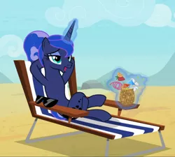 Size: 1042x938 | Tagged: safe, derpibooru import, screencap, princess luna, alicorn, pony, between dark and dawn, alternate hairstyle, beach, beautiful, coconut drink, cropped, crossed hooves, crossed legs, eyeshadow, female, glowing horn, hair bun, hooves behind head, horn, levitation, lidded eyes, magic, magic aura, makeup, mare, open mouth, pleased, reclining, relaxing, solo, stupid sexy luna, sunglasses, telekinesis, vacation, we don't normally wear clothes