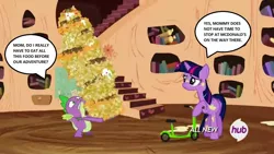 Size: 1280x720 | Tagged: alicorn, chips, derpibooru import, dialogue, edit, edited screencap, food, golden oaks library, hub logo, nachos, safe, scooter, screencap, spike, this will end in weight gain, twilight sparkle, twilight sparkle (alicorn), twilight time