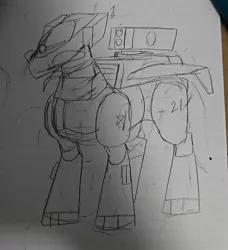 Size: 1080x1186 | Tagged: safe, artist:omegapony16, derpibooru import, oc, unofficial characters only, pony, robot, robot pony, irl, lined paper, photo, rocket launcher, solo, traditional art