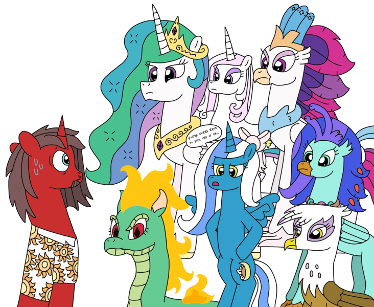 Size: 3127x2564 | Tagged: safe, artist:supahdonarudo, derpibooru import, fleur-de-lis, gilda, princess celestia, queen novo, tianhuo, oc, oc:fleurbelle, oc:ironyoshi, oc:sea lilly, alicorn, classical hippogriff, dragon, gryphon, hippogriff, hybrid, longma, unicorn, them's fightin' herds, my little pony: the movie, alicorn oc, bow, clothes, community related, decision, dialogue, hooves on hips, horn, mane of fire, shirt, simple background, speech bubble, sweat, this will not end well, transparent background, waifu, wings