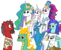 Size: 3127x2564 | Tagged: safe, artist:supahdonarudo, derpibooru import, fleur-de-lis, gilda, princess celestia, queen novo, tianhuo, oc, oc:fleurbelle, oc:ironyoshi, oc:sea lilly, alicorn, classical hippogriff, dragon, gryphon, hippogriff, hybrid, longma, unicorn, them's fightin' herds, my little pony: the movie, alicorn oc, bow, clothes, community related, decision, dialogue, hooves on hips, horn, mane of fire, shirt, simple background, speech bubble, sweat, this will not end well, transparent background, waifu, wings