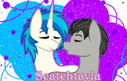 Size: 1024x652 | Tagged: safe, artist:midnightamber, derpibooru import, octavia melody, vinyl scratch, earth pony, pony, unicorn, eyes closed, female, gay, lesbian, male, octavius, record scrape, rule 63, scrapetavius, scratchtavia, shipping, smiling, stallion