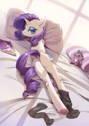 Size: 1414x2000 | Tagged: suggestive, artist:54600, derpibooru import, rarity, spike, pony, unicorn, bed, butt, clothes, dock, female, frog (hoof), implied shipping, implied sparity, implied straight, looking at you, looking back, looking back at you, mare, on bed, plot, plushie, prone, rear view, rearity, socks, solo, solo female, spike plushie, stockings, thigh highs, underhoof
