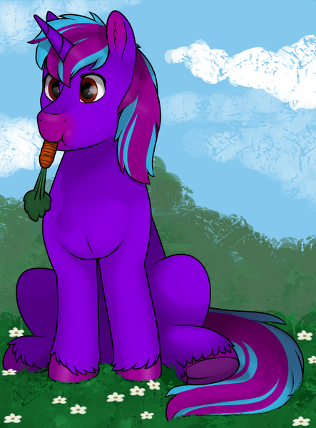 Size: 940x1274 | Tagged: safe, artist:69beas, derpibooru import, oc, oc:neon eclipse, unofficial characters only, pony, unicorn, carrot, colored hooves, digital art, ear fluff, eating, flower, food, herbivore, hoof fluff, horses doing horse things, male, sitting, solo, stallion, underhoof