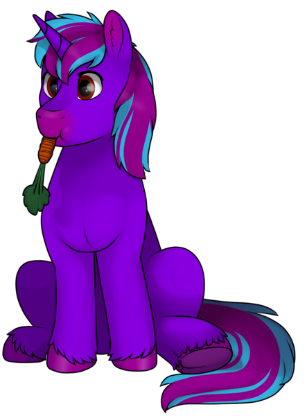 Size: 940x1274 | Tagged: safe, artist:69beas, derpibooru import, oc, oc:neon eclipse, unofficial characters only, pony, unicorn, carrot, colored hooves, digital art, ear fluff, eating, food, herbivore, hoof fluff, horses doing horse things, male, simple background, sitting, solo, stallion, transparent background, underhoof