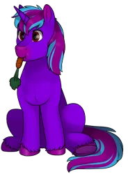 Size: 940x1274 | Tagged: safe, artist:69beas, derpibooru import, oc, oc:neon eclipse, unofficial characters only, pony, unicorn, carrot, colored hooves, digital art, ear fluff, eating, food, herbivore, hoof fluff, horses doing horse things, male, simple background, sitting, solo, stallion, transparent background, underhoof