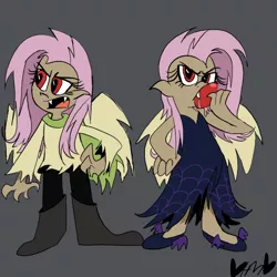 Size: 800x800 | Tagged: safe, artist:mirabuncupcakes15, derpibooru import, fluttershy, bat pony, human, vampire, alternate hairstyle, apple, bat ponified, boots, clothes, dark skin, dress, duality, fangs, female, flats, flutterbat, food, gray background, humanized, jeans, open mouth, pants, race swap, scarf, shoes, simple background, sweater, sweatershy, torn clothes, winged humanization, wings