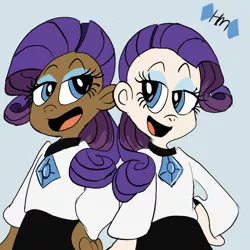 Size: 800x800 | Tagged: artist:mirabuncupcakes15, blue eyes, choker, clothes, dark skin, derpibooru import, duality, duo, eyeshadow, female, human, humanized, lidded eyes, looking at each other, makeup, open mouth, pants, rarity, safe, self paradox, shirt