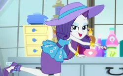 Size: 1401x862 | Tagged: safe, derpibooru import, screencap, rarity, camping must-haves, equestria girls, equestria girls series, spoiler:eqg series (season 2), beautiful, bracelet, clothes, cosmetics, cropped, cute, dresser, eyeshadow, female, geode of shielding, hat, high heels, jewelry, lidded eyes, looking at you, lotion, magical geodes, makeup, open mouth, pencil skirt, raribetes, rarity's bedroom, shoes, skirt, smiling, solo, window