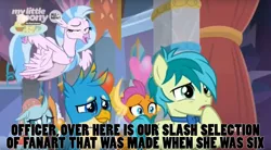 Size: 1642x907 | Tagged: caption, derpibooru import, edit, edited screencap, faic, gallus, great moments in animation, inside joke, ocellus, safe, sandbar, screencap, she's all yak, silverstream, smolder