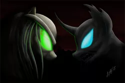 Size: 1418x946 | Tagged: alien, angry, artist:zigword, changeling, derpibooru import, facing each other, safe, teeth