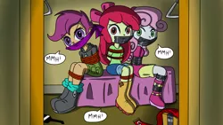 Size: 3000x1687 | Tagged: artist needed, safe, derpibooru import, apple bloom, scootaloo, sweetie belle, equestria girls, arm behind back, bed, bondage, boots, bound and gagged, bound together, bow, clothes, cutie mark crusaders, female, gag, hoodie, jeans, looking at you, muffled words, pants, shoes, shorts, skirt, tape, tape gag, tied up