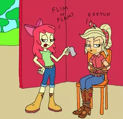 Size: 1115x1080 | Tagged: safe, artist:bugssonicx, derpibooru import, apple bloom, applejack, equestria girls, equestria girls series, holidays unwrapped, spoiler:eqg series (season 2), arm behind back, bondage, boots, bow, clothes, cowboy boots, gag, hand on hip, implied flim flam brothers, jeans, pants, shoes, tape, tape gag