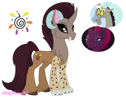 Size: 1501x1158 | Tagged: artist:kittypaintyt, big cat, cloven hooves, crack ship offspring, crack shipping, curved horn, derpibooru import, discord, draconequus hybrid, fangs, horn, hybrid, interspecies offspring, leopard, offspring, parent:discord, parents:tempestcord, parent:tempest shadow, paws, ram horns, safe, shipping, simple background, solo, tempest shadow, transparent background, unshorn fetlocks