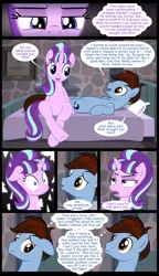 Size: 1122x1954 | Tagged: safe, artist:culu-bluebeaver, derpibooru import, starlight glimmer, oc, oc:bluehooves, earth pony, pony, unicorn, comic:the newcomer, the cutie map, aftersex, angry, bed, bedroom, bedroom eyes, canon x oc, comic, dialogue, female, floppy ears, glimmooves, lidded eyes, looking at each other, looking away, male, mare, pillow, s5 starlight, smiling, speech bubble, stallion, straight, thought bubble, upset