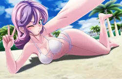 Size: 2000x1292 | Tagged: anime, armpits, artist:mauroz, beach, bikini, breasts, busty sweetie belle, clothes, cropped, derpibooru import, human, humanized, older, older sweetie belle, peace sign, selfie, suggestive, sweetie belle, swimsuit