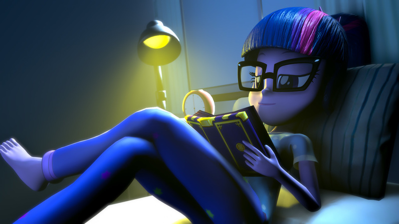 Size: 1920x1080 | Tagged: safe, artist:kyloren2000, derpibooru import, sci-twi, twilight sparkle, equestria girls, 3d, barefoot, bed, book, clock, clothes, crossed legs, feet, female, glasses, lamp, night, pajamas, reading, solo, source filmmaker