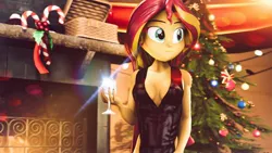 Size: 1920x1080 | Tagged: safe, artist:kyloren2000, derpibooru import, sunset shimmer, equestria girls, 2020, 3d, candy, candy cane, christmas, christmas tree, clothes, dress, fireplace, food, happy new year, happy new year 2020, holiday, solo, source filmmaker, tree