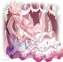 Size: 1282x1259 | Tagged: safe, artist:kyumiku, derpibooru import, discord, fluttershy, draconequus, pegasus, pony, bipedal, bowtie, clothes, cute, discoshy, dress, female, holding hands, holding hooves, looking at each other, male, mare, outdoors, shipping, smiling, spread wings, straight, suit, this ended well, wedding dress, wings
