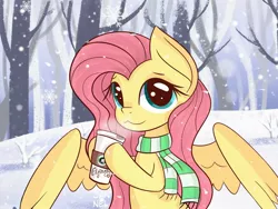 Size: 1600x1200 | Tagged: safe, artist:janelearts, derpibooru import, fluttershy, pegasus, pony, :3, catface, clothes, coffee, cute, looking at you, scarf, shyabetes, snow, snowfall, snowflake, solo, tree, winter