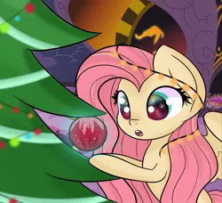 Size: 1318x1200 | Tagged: safe, artist:janelearts, derpibooru import, fluttershy, pegasus, pony, bauble, big eyes, christmas, christmas lights, christmas ornament, christmas tree, cute, decoration, holiday, open mouth, shyabetes, solo, tree
