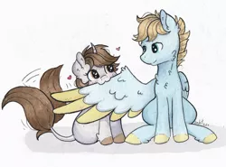 Size: 2416x1792 | Tagged: safe, artist:lightisanasshole, derpibooru import, oc, oc:dorm pony, oc:wild waterfall, pegasus, unicorn, :3, blonde hair, blonde mane, blue eyes, brown mane, cat face, chest fluff, colored hooves, colored wings, curved horn, duo, ear fluff, grooming, heart, heart eyes, hoof fluff, horn, love, messy mane, nom, pair, pegasus oc, pegasus wings, photo, preening, shadow, shipping, sitting, spread wings, wiggle, wing fluff, wingding eyes, wings