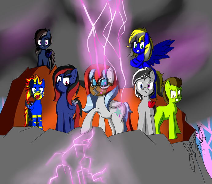 Size: 2030x1762 | Tagged: safe, artist:jimmy draws, derpibooru import, oc, oc:doodman, oc:john ice, oc:thunder andreos, oc:turtlemanya, unofficial characters only, bat pony, earth pony, pegasus, unicorn, angry, bat pony oc, bat wings, demi-god, flying, glasses, mask, new god of thunder, thunder, wings