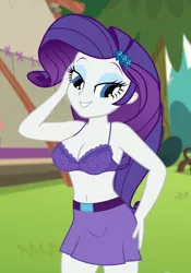 Size: 650x930 | Tagged: suggestive, derpibooru import, edit, edited screencap, editor:ah96, screencap, rarity, equestria girls, legend of everfree, bedroom eyes, belly button, belt, bra, breast edit, breasts, busty rarity, cleavage, clothes, cropped, female, like what you see?, looking at you, miniskirt, purple underwear, sexy, skirt, smiling, solo, stupid sexy rarity, underwear, underwear edit