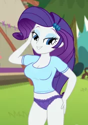 Size: 650x930 | Tagged: suggestive, derpibooru import, edit, edited screencap, editor:ah96, screencap, rarity, equestria girls, legend of everfree, breast edit, breasts, busty rarity, cleavage, clothes, cropped, female, like what you see?, looking at you, panties, purple underwear, sexy, show accurate, smiling, solo, solo female, stupid sexy rarity, thighs, underwear, underwear edit