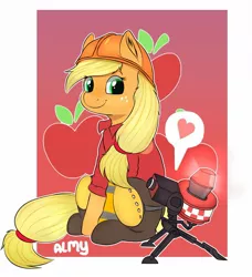 Size: 1094x1200 | Tagged: safe, artist:almond evergrow, derpibooru import, applejack, earth pony, pony, apple, applejack tf2, cutie mark background, engiejack, engineer, female, food, hard hat, heart, mare, meme, mini sentry, parody, sentry, sentry gun, team fortress 2, team fortress applejack, what in tarnation