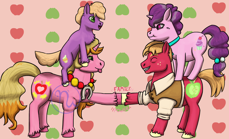 Size: 2300x1400 | Tagged: safe, artist:azurllinate, derpibooru import, big macintosh, little mac, sugar belle, oc, oc:apple eclair, earth pony, unicorn, the last problem, accessories, chubby, clothes, cloven hooves, eyes closed, family, female, freckles, futurehooves, green eyes, hoofbump, horseshoes, jewelry, laying on head, long mane, long tail, looking at each other, male, necklace, next gen:futurehooves, next generation, offspring, older, older big macintosh, older sugar belle, parent:big macintosh, parent:sugar belle, parents:sugarmac, purple eyes, shipping, siblings, standing on back, sticking tongue out, straight, strong, sugarmac, sweet muffin, text, two toned mane, two toned tail, vest, wrinkles