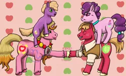 Size: 2300x1400 | Tagged: safe, artist:azurllinate, derpibooru import, big macintosh, little mac, sugar belle, oc, oc:apple eclair, earth pony, unicorn, the last problem, accessories, chubby, clothes, cloven hooves, eyes closed, family, female, freckles, futurehooves, green eyes, hoofbump, horseshoes, jewelry, laying on head, long mane, long tail, looking at each other, male, necklace, next gen:futurehooves, next generation, offspring, older, older big macintosh, older sugar belle, parent:big macintosh, parent:sugar belle, parents:sugarmac, purple eyes, shipping, siblings, standing on back, sticking tongue out, straight, strong, sugarmac, sweet muffin, text, two toned mane, two toned tail, vest, wrinkles