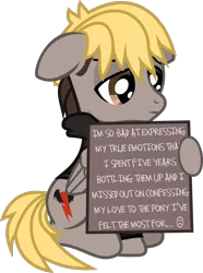 Size: 884x1184 | Tagged: safe, artist:lightningbolt, derpibooru import, ponified, pegasus, pony, .svg available, clothes, dyed mane, dyed tail, folded wings, frown, hood, hoodie, hoof hold, implied shipping, lidded eyes, male, mikey way, my chemical romance, pony shaming, sign, simple background, sitting, solo, stallion, svg, transparent background, vector, wings, wristband