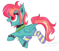 Size: 1280x1106 | Tagged: safe, artist:lazuli, artist:wicked-red-art, derpibooru import, oc, oc:rainbow screech, unofficial characters only, bat pony, pony, icey-verse, base used, bat pony oc, bat wings, blank flank, bracelet, choker, clothes, commission, cute, female, hood, magical lesbian spawn, mare, multicolored hair, ocbetes, offspring, open mouth, parent:evil pie hater dash, parent:flutterbat, parent:fluttershy, parent:rainbow dash, parents:flutterdash, parents:piehaterbat, simple background, socks, solo, spiked wristband, striped socks, transparent background, wings, wristband