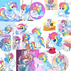 Size: 768x768 | Tagged: safe, artist:lazuli, artist:rioshi, artist:starshade, derpibooru import, oc, oc:rainbow dreams, pegasus, adoptable, adorable face, bow, clothes, commission, cute, female, food, for sale, not rainbow dash, pancakes, plushie, rip off, rip-off, socks, spoon, strawberry, striped socks, swing, syrup, unoriginal, wing hands, wings, your character here
