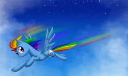 Size: 750x451 | Tagged: safe, artist:centauristars, artist:sanraia, derpibooru import, rainbow dash, pegasus, pony, cloud, female, flying, mare, sky, speed trail, spread wings, wings