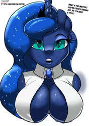 Size: 3508x4961 | Tagged: suggestive, artist:skyline19, derpibooru import, princess luna, alicorn, anthro, absolute cleavage, ambiguous facial structure, big breasts, breasts, bust, busty princess luna, cleavage, clothes, female, image, looking at you, mare, png, simple background, solo, solo female, white background