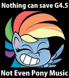 Size: 371x420 | Tagged: safe, anonymous artist, derpibooru import, edit, rainbow dash, pegasus, pony, my little pony: pony life, caption, drama, image, image macro, meme, nedm, png, ponified meme, pony life drama, quality, reference, shitposting, solo, text